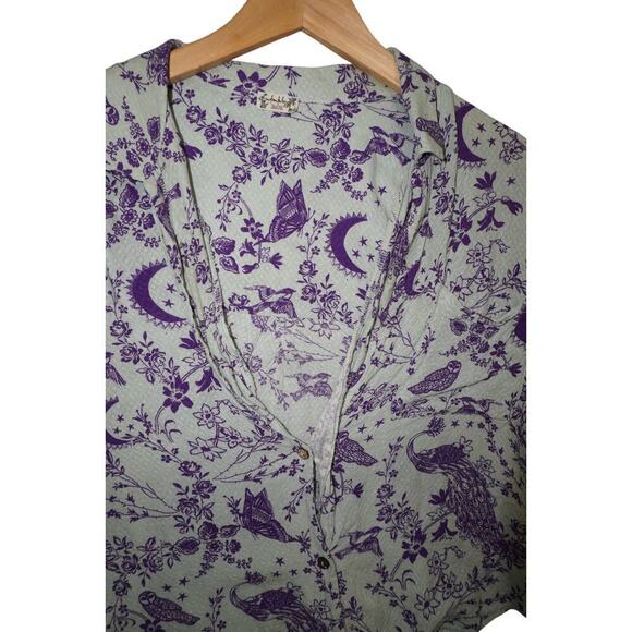 Free People Intimately Purple Bird & Moon Print Button Front Blouse – Size Small - Picture 3 of 5